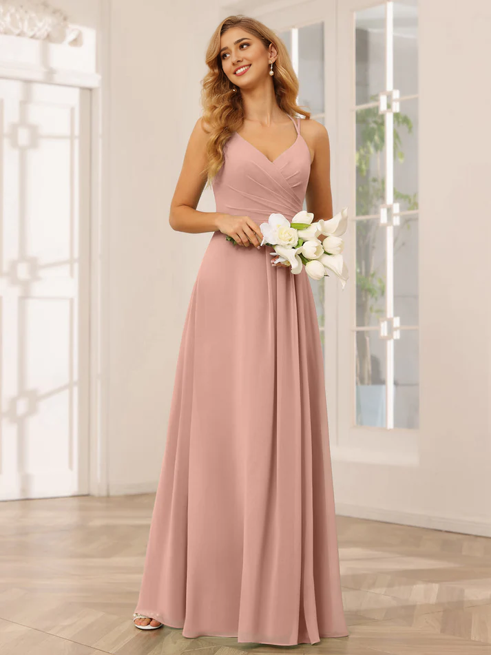 Chiffon Spaghetti-Strap Sweetheart Neckline Ruched Bodice A-Line Floor – Veloura Dress