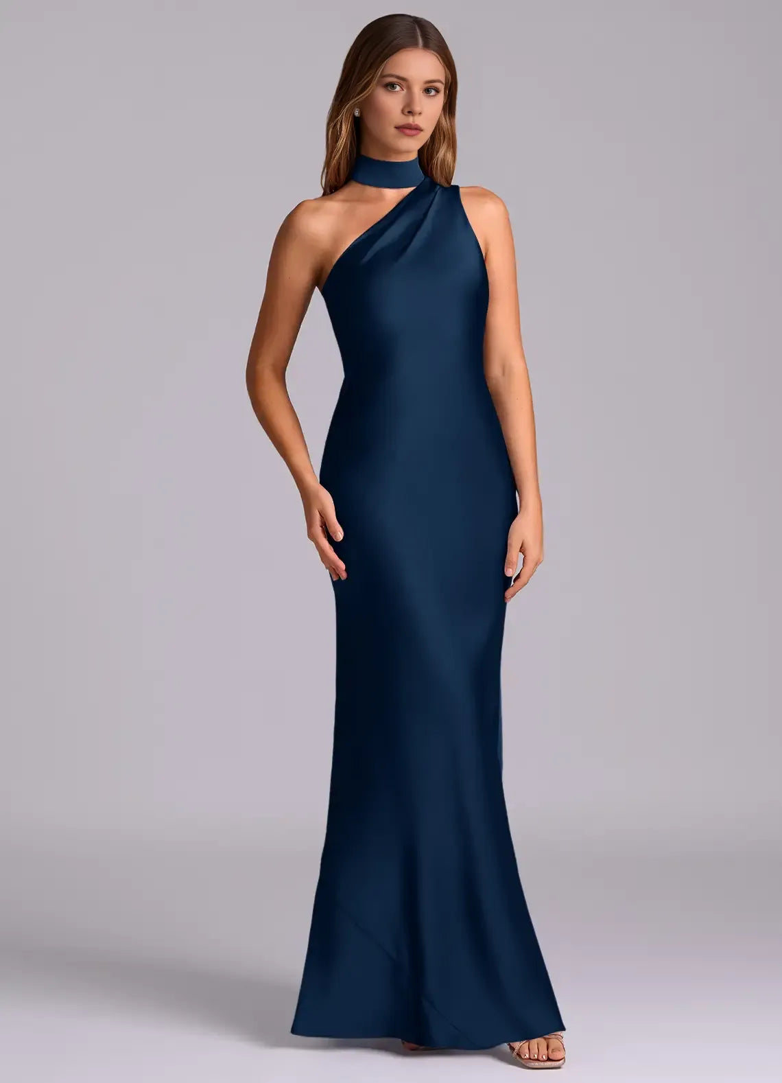 Sleek Mermaid Satin Halter One Shoulder Open Back Floor Length Bridesm – Veloura Dress