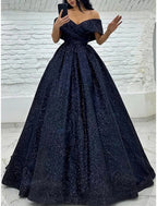 A Line Prom Dress Glittering Off Shoulder Sequin Gown With Brush Train For Black Tie Gala For Prom Goers