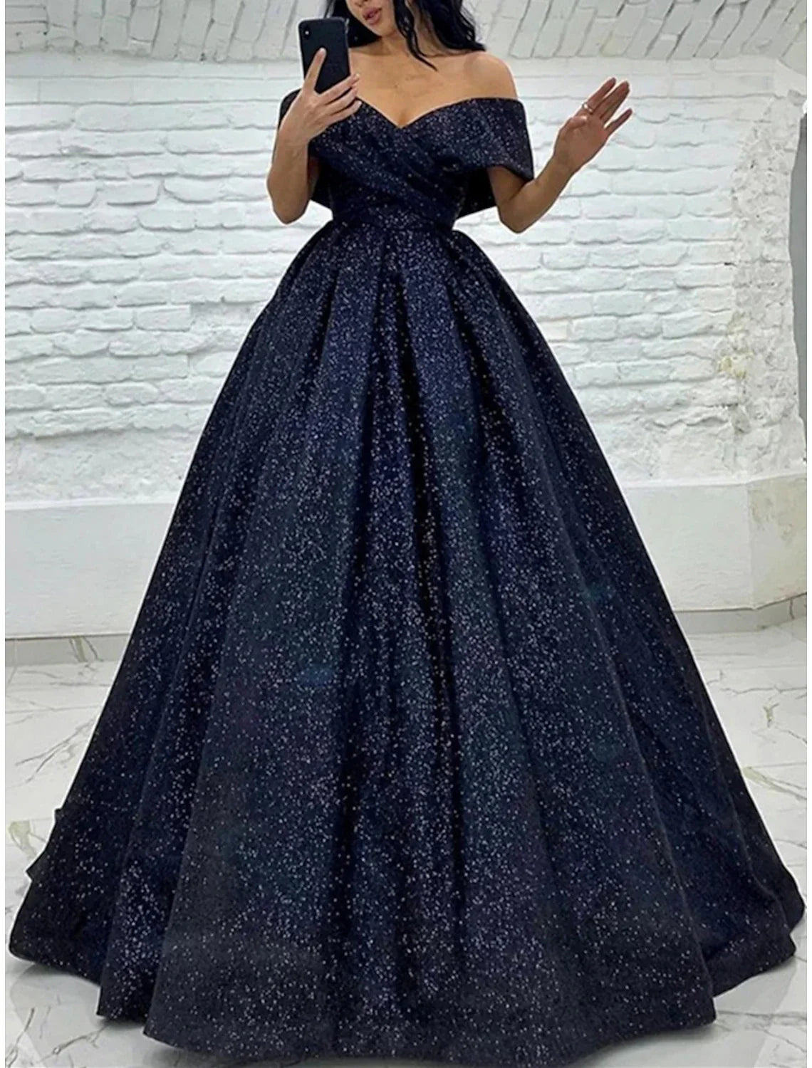A Line Prom Dress Glittering Off Shoulder Sequin Gown With Brush Train For Black Tie Gala For Prom Goers
