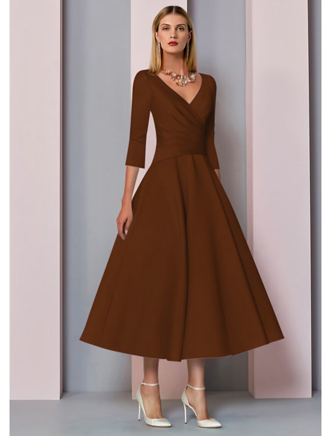 A-Line Mother of the Bride Dress Wedding Guest Vintage Plus Size Elegant V Neck Length Satin 3/4 Length Sleeve with Pleats