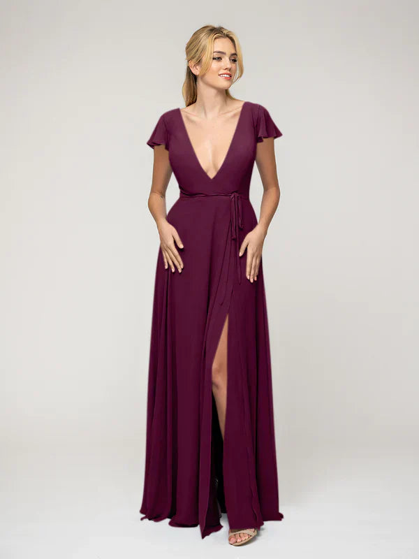 Ruffle Sleeve V Neck Slit Bridesmaid Dresses For Wedding Ceremony Elegant Flattering Fit