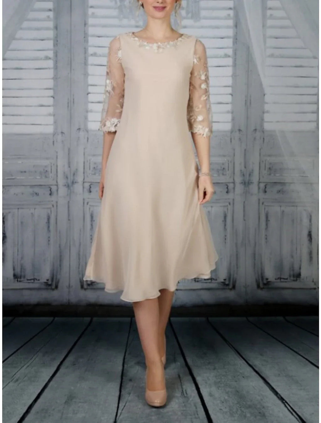 Mother Of The Bride Dress Elegant Tea Length Chiffon Lace Scoop Neck Half Sleeve With Ruffles For The Bride's Mother
