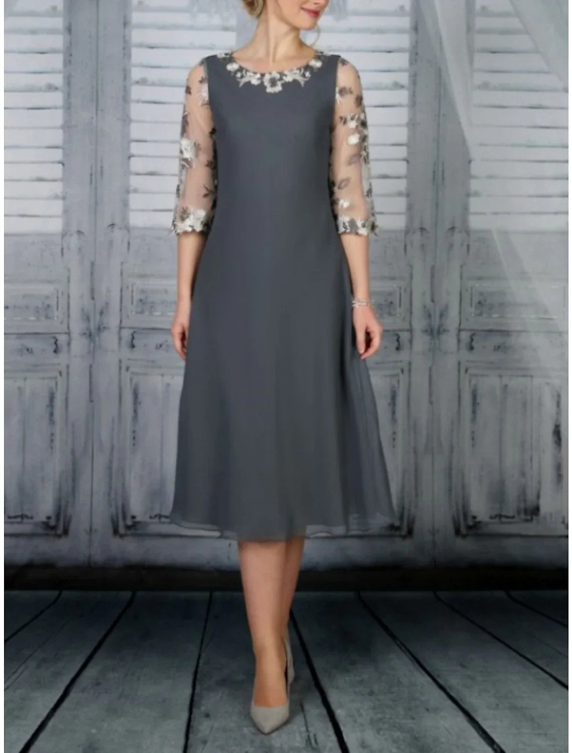 Mother Of The Bride Dress Elegant Tea Length Chiffon Lace Scoop Neck Half Sleeve With Ruffles For The Bride's Mother