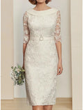 Mother Of The Bride Dress Sheath Satin Lace Knee Length With Crystal Brooch Elegant Half Sleeve