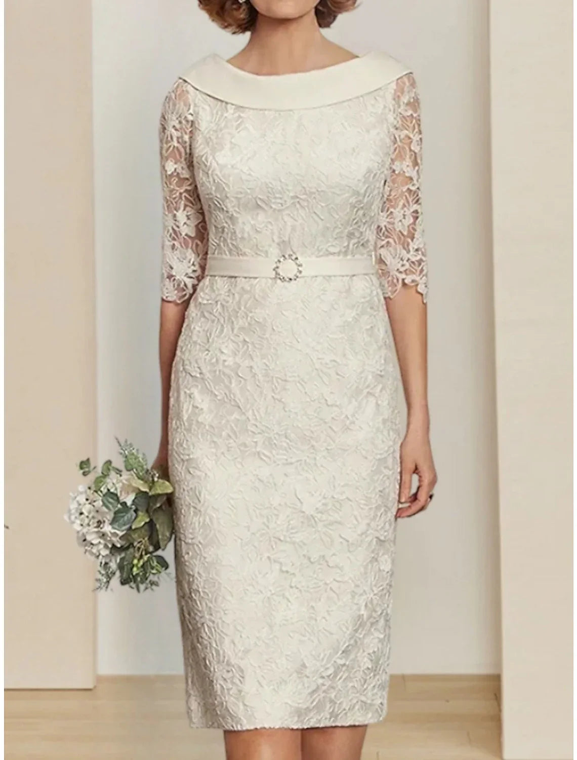 Mother Of The Bride Dress Sheath Satin Lace Knee Length With Crystal Brooch Elegant Half Sleeve