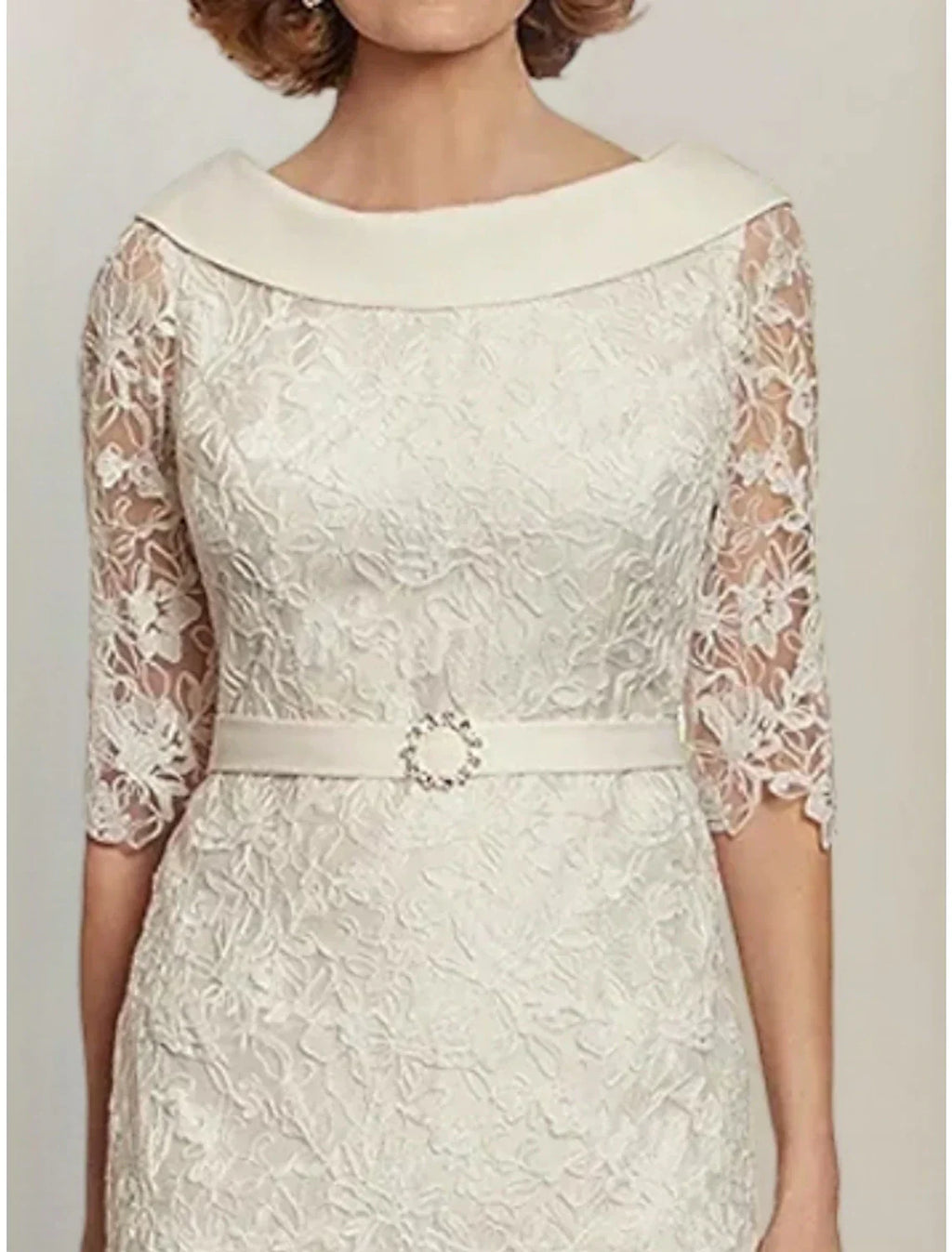 Mother Of The Bride Dress Sheath Satin Lace Knee Length With Crystal Brooch Elegant Half Sleeve