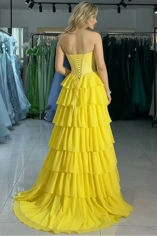 Tiered Chiffon A-Line Strapless Sweetheart Lace-Up-Back Floor-Length Prom Dress