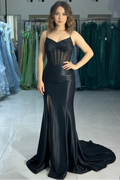 Sheer Corset Satin Mermaid V-Neck Spaghetti-Strap Lace-Up-Back Floor-Length Prom Dress