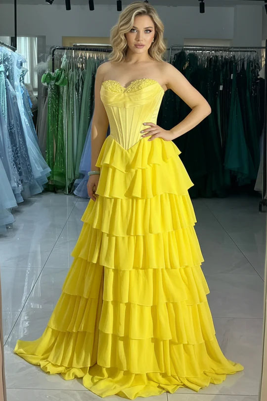 Tiered Chiffon A-Line Strapless Sweetheart Lace-Up-Back Floor-Length Prom Dress