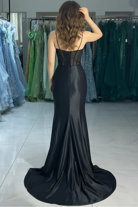 Sheer Corset Satin Mermaid V-Neck Spaghetti-Strap Lace-Up-Back Floor-Length Prom Dress