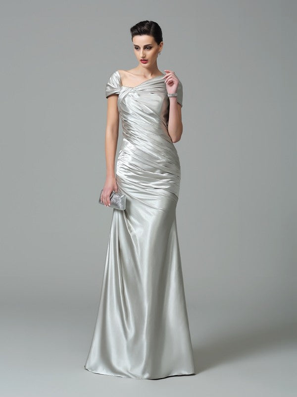 Off Shoulder Pleated Satin Sheath Dress For Women Long Silk Like Evening Gown