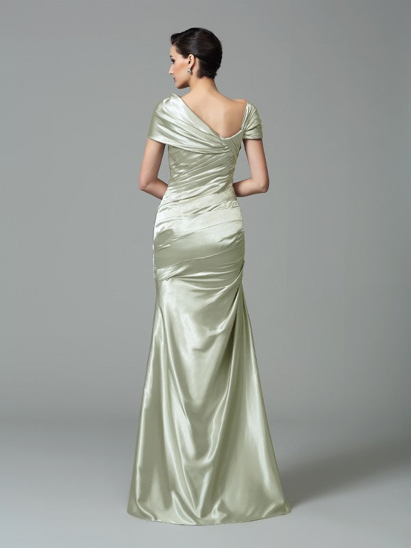 Off Shoulder Pleated Satin Sheath Dress For Women Long Silk Like Evening Gown
