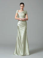 Off Shoulder Pleated Satin Sheath Dress For Women Long Silk Like Evening Gown