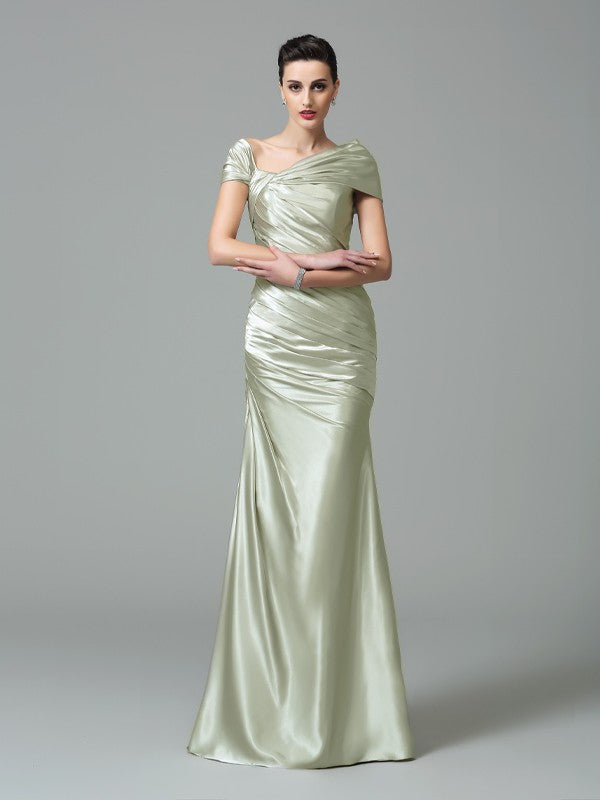 Off Shoulder Pleated Satin Sheath Dress For Women Long Silk Like Evening Gown