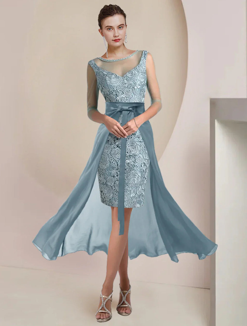 Mother Of The Bride Dress Two Piece Sheath Gown With Elegant Beaded Appliques Jewel Neck Tea Length