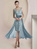 Mother Of The Bride Dress Two Piece Sheath Gown With Elegant Beaded Appliques Jewel Neck Tea Length