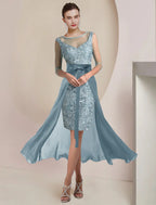 Mother Of The Bride Dress Two Piece Sheath Gown With Elegant Beaded Appliques Jewel Neck Tea Length