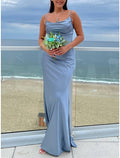 Bridesmaid Dress Sheath Floor Length Charmeuse With Spaghetti Straps Blue Ruching Split Front Elegant For Bridesmaids