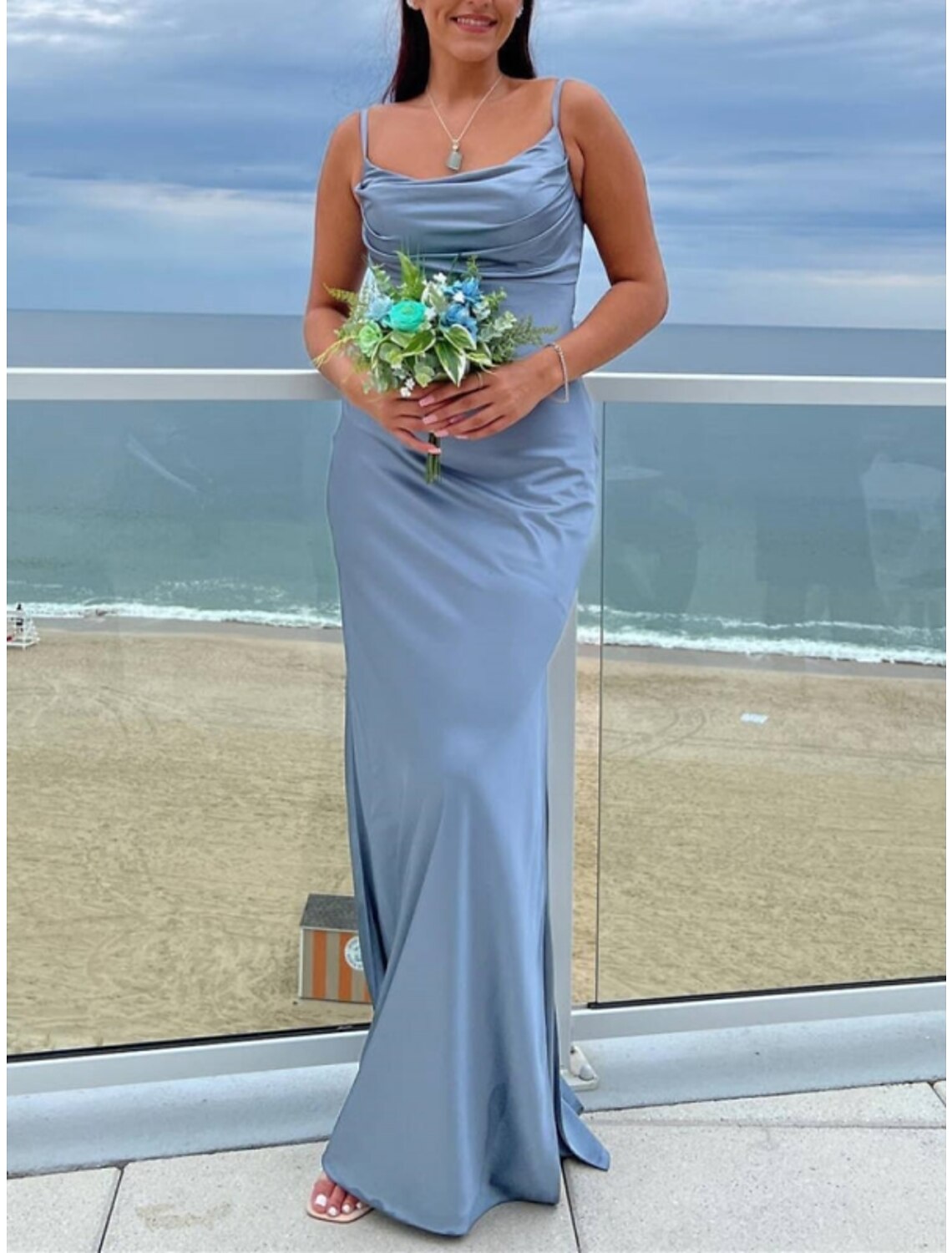 Bridesmaid Dress Sheath Floor Length Charmeuse With Spaghetti Straps Blue Ruching Split Front Elegant For Bridesmaids