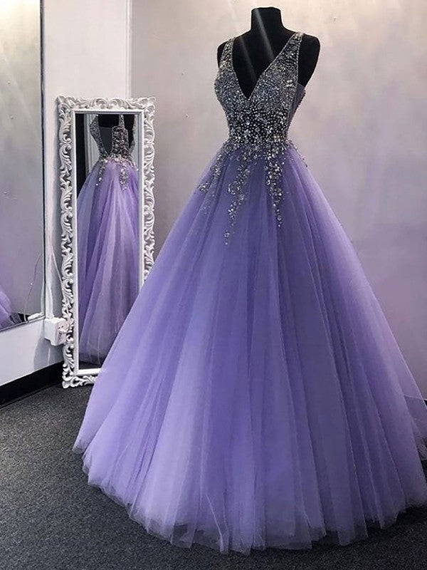 Elegant A Line Tulle Beaded Gown With V Neck For Bridesmaids Floor Length Sleeveless