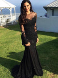 Trumpet Mermaid Tulle Dress With Long Sleeves Sheer Neck Brush Train Applique Elegant Evening Gown For Prom
