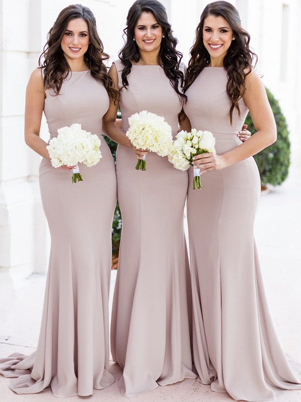 Bridesmaid Dress Sheath Crepe Sleeveless With Sheer Neckline And Sweep Train For Elegant Bridesmaids