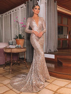 Sequined Mermaid Dress With Long Sleeves V Neck Ruffles Sweep Train Evening Gown For Women