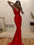Sheath/Column Ruched Halter Sleeveless Silk like Satin Sweep/Brush Train Dresses