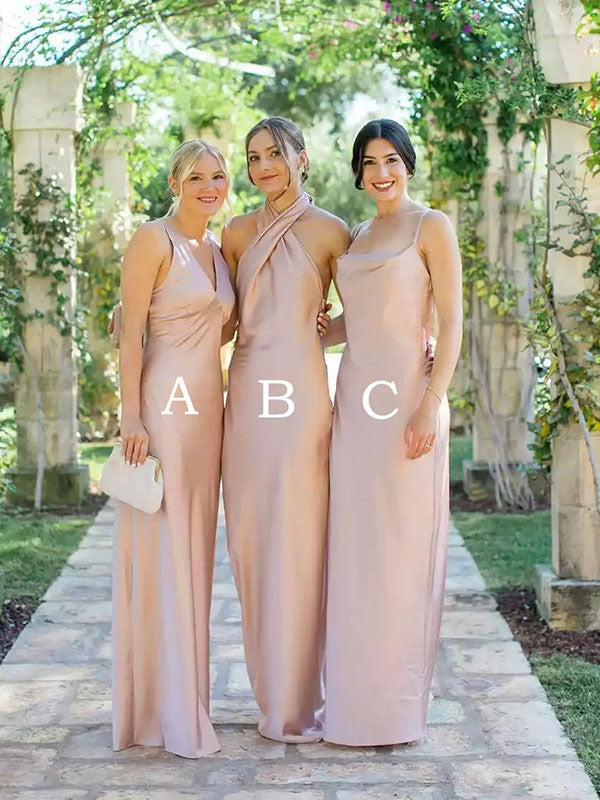 Bridesmaid Dress Silk Like Satin Ruched V Neck Sleeveless Floor Length Sheath Gown For Bridesmaids