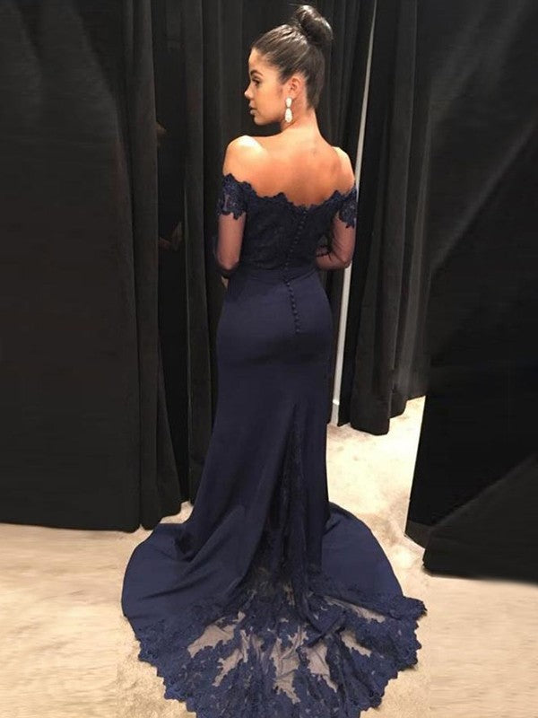 Off Shoulder Mermaid Lace Crepe Dress With Elegant Long Sleeves And Sweep Train For Brides