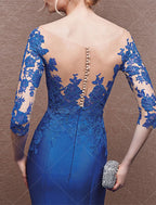 Mermaid Satin Evening Gown Off Shoulder Three Quarter Sleeves With Pleats Appliques And Sweep Train For Wedding Guests
