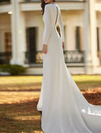Elegant Hall Wedding Dress Sheath Gown For Brides V Neck Long Sleeve Ruched Stretch Fabric Court Train