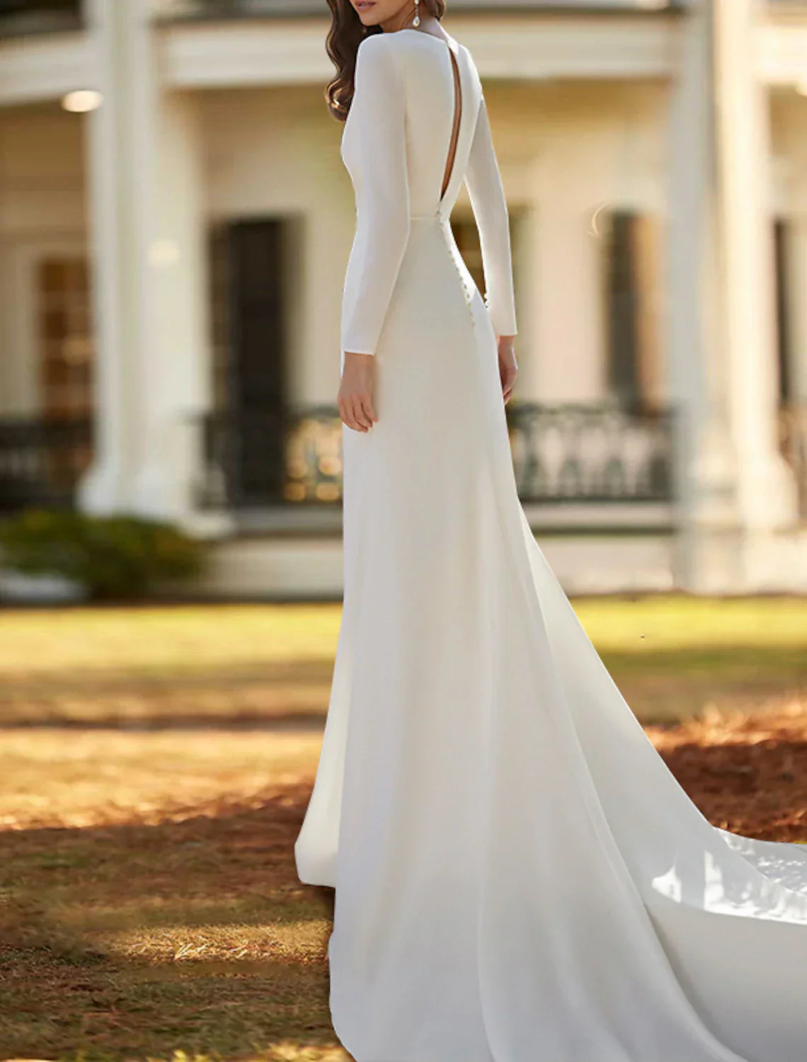 Elegant Hall Wedding Dress Sheath Gown For Brides V Neck Long Sleeve Ruched Stretch Fabric Court Train