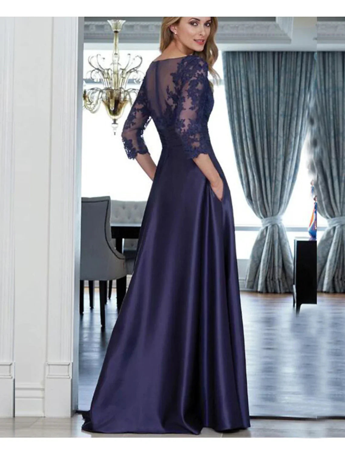 Mother Of The Bride Satin A Line Sheath Dress With Jewel Neck Long Sleeve Floor Length Ruched Appliques Elegant Timeless