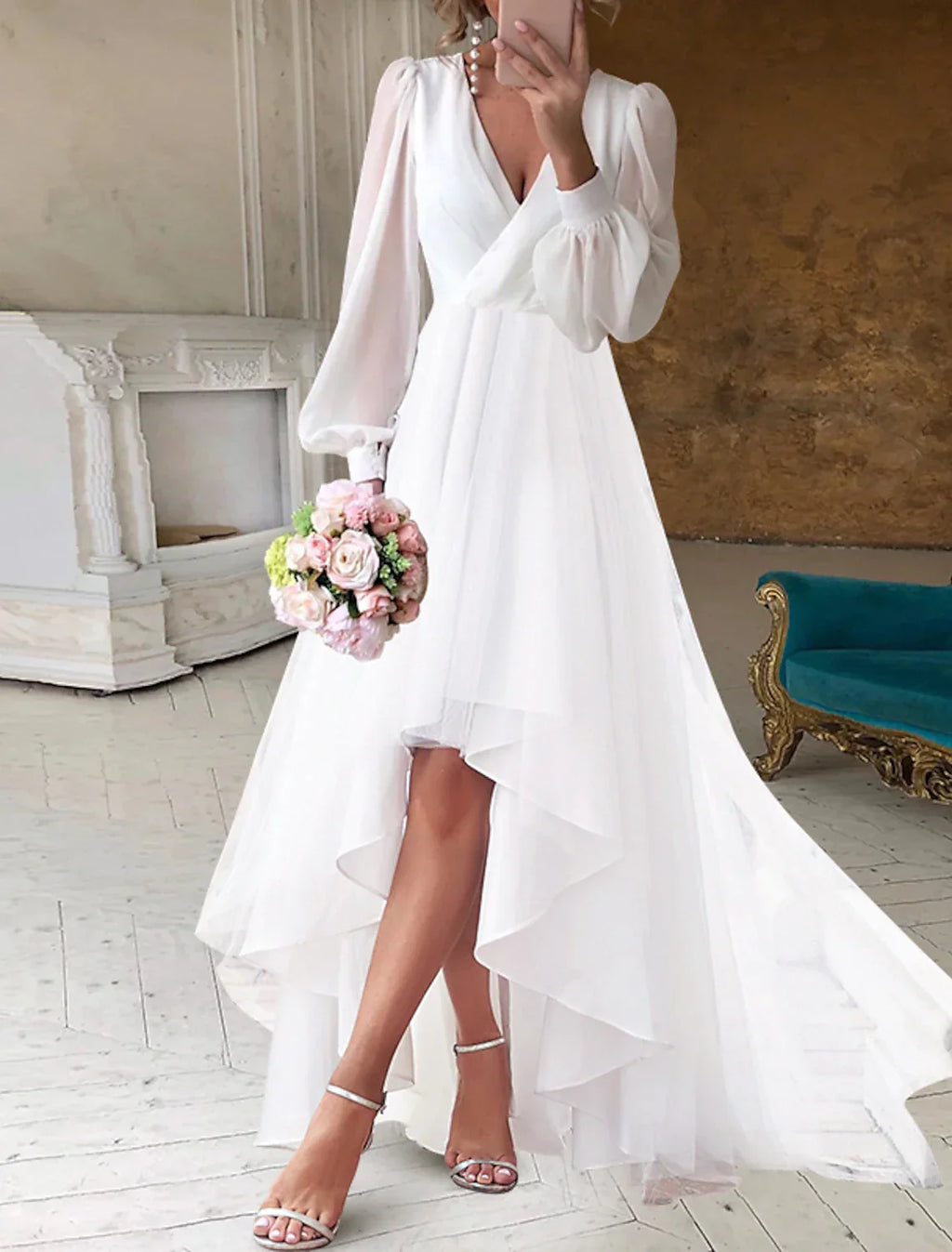Bridal Shower Dress For Bride To Be Elegant Fall Chiffon A Line V Neck Long Sleeve Asymmetrical Gown