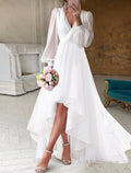 Bridal Shower Dress For Bride To Be Elegant Fall Chiffon A Line V Neck Long Sleeve Asymmetrical Gown