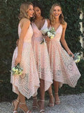 Bridesmaid Dresses A Line Princess Lace Sleeveless V Neck With Asymmetrical Hem For Elegant Bridesmaids