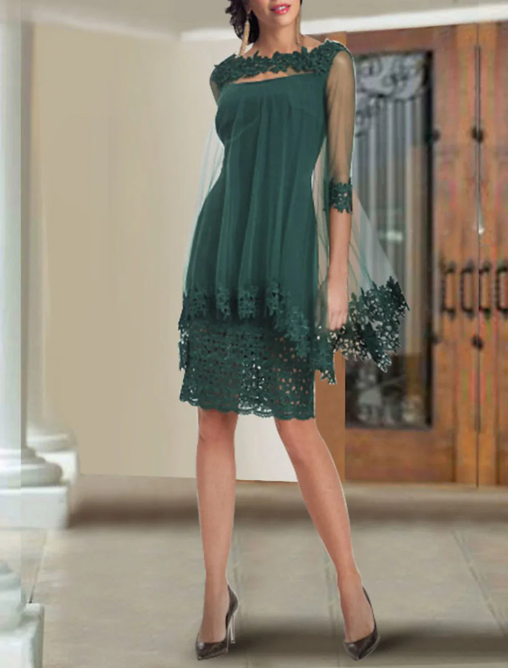Two Piece Mother Of The Bride Dress Sheath Column Gown With Wrap Included Chiffon Lace Square Neck Half Sleeve Appliques