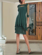 Two Piece Mother Of The Bride Dress Sheath Column Gown With Wrap Included Chiffon Lace Square Neck Half Sleeve Appliques