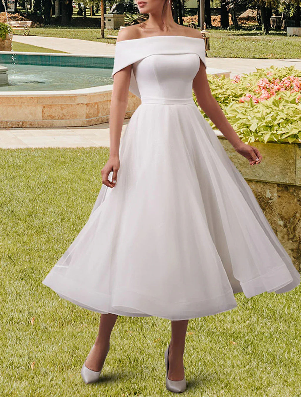 Little White Wedding Dress Satin Tea Length Off Shoulder Cap Sleeve Gown For Bride With Romantic Sash