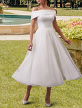 Little White Wedding Dress Satin Tea Length Off Shoulder Cap Sleeve Gown For Bride With Romantic Sash