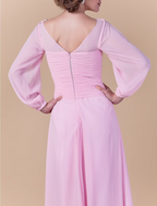 Mother of the Bride Dress Vintage Inspired Cowl Neck Floor Length Chiffon Long Sleeve with Criss Cross Ruched