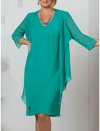 Mother Of The Bride Dress Two Piece Elegant Chiffon V Neck Knee Length Three Quarter Sleeve Fall Wedding