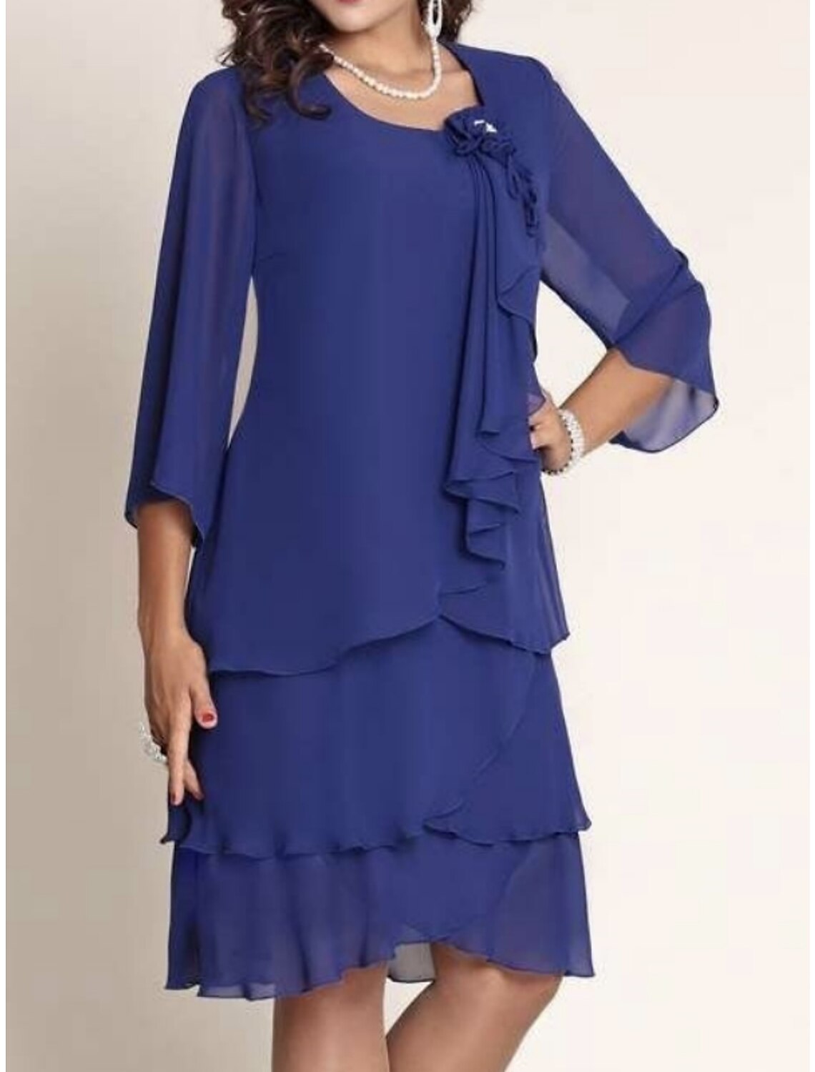 Mother Of The Bride Dress Chiffon Knee Length Petite Elegant Three Quarter Sleeve With Ruffles Appliques