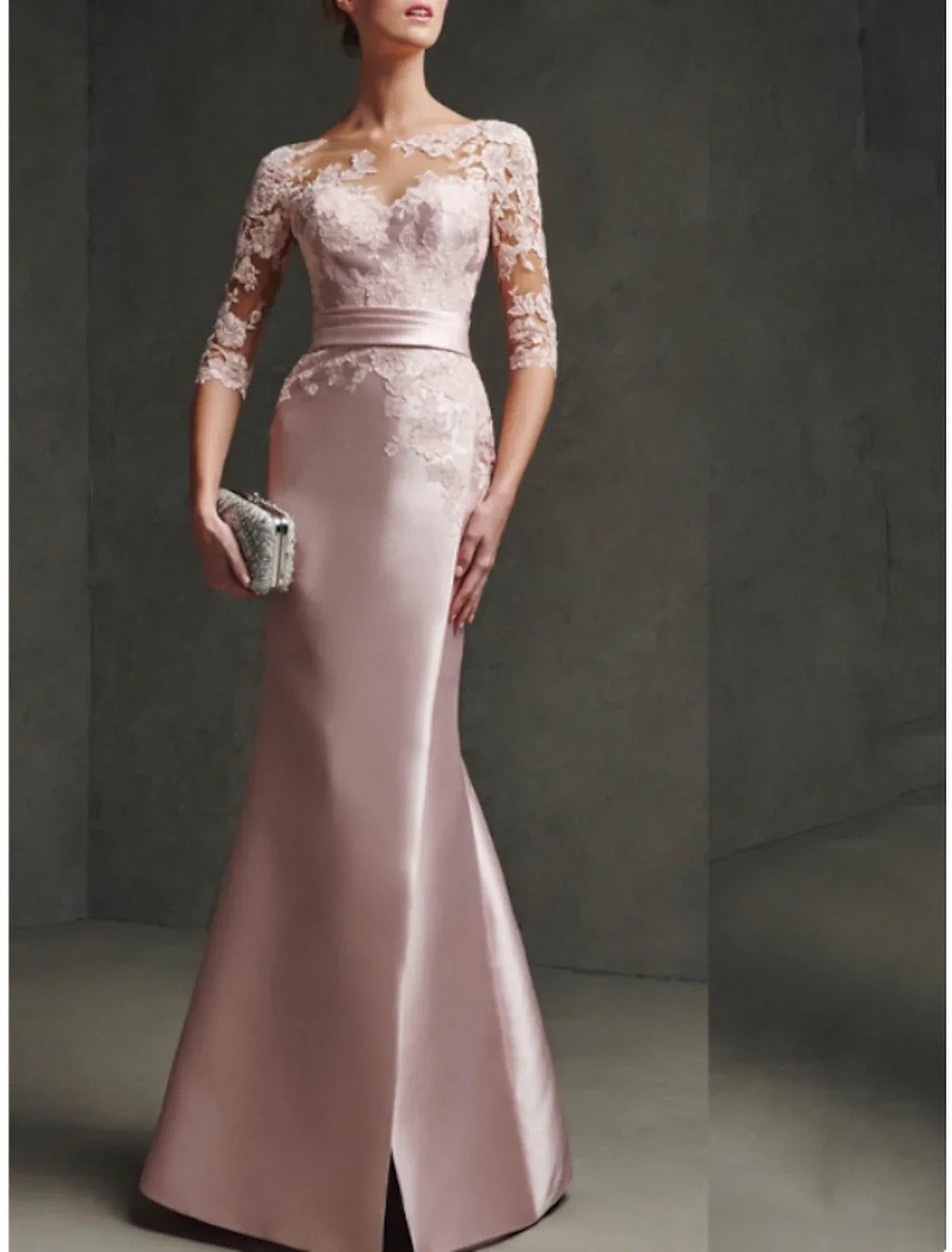 Mother Of The Bride Dress Mermaid Trumpet Satin Lace Floor Length Elegant Scoop Neck Three Quarter Sleeve Pleated