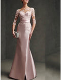 Mother Of The Bride Dress Mermaid Trumpet Satin Lace Floor Length Elegant Scoop Neck Three Quarter Sleeve Pleated