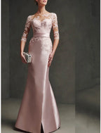 Mother Of The Bride Dress Mermaid Trumpet Satin Lace Floor Length Elegant Scoop Neck Three Quarter Sleeve Pleated