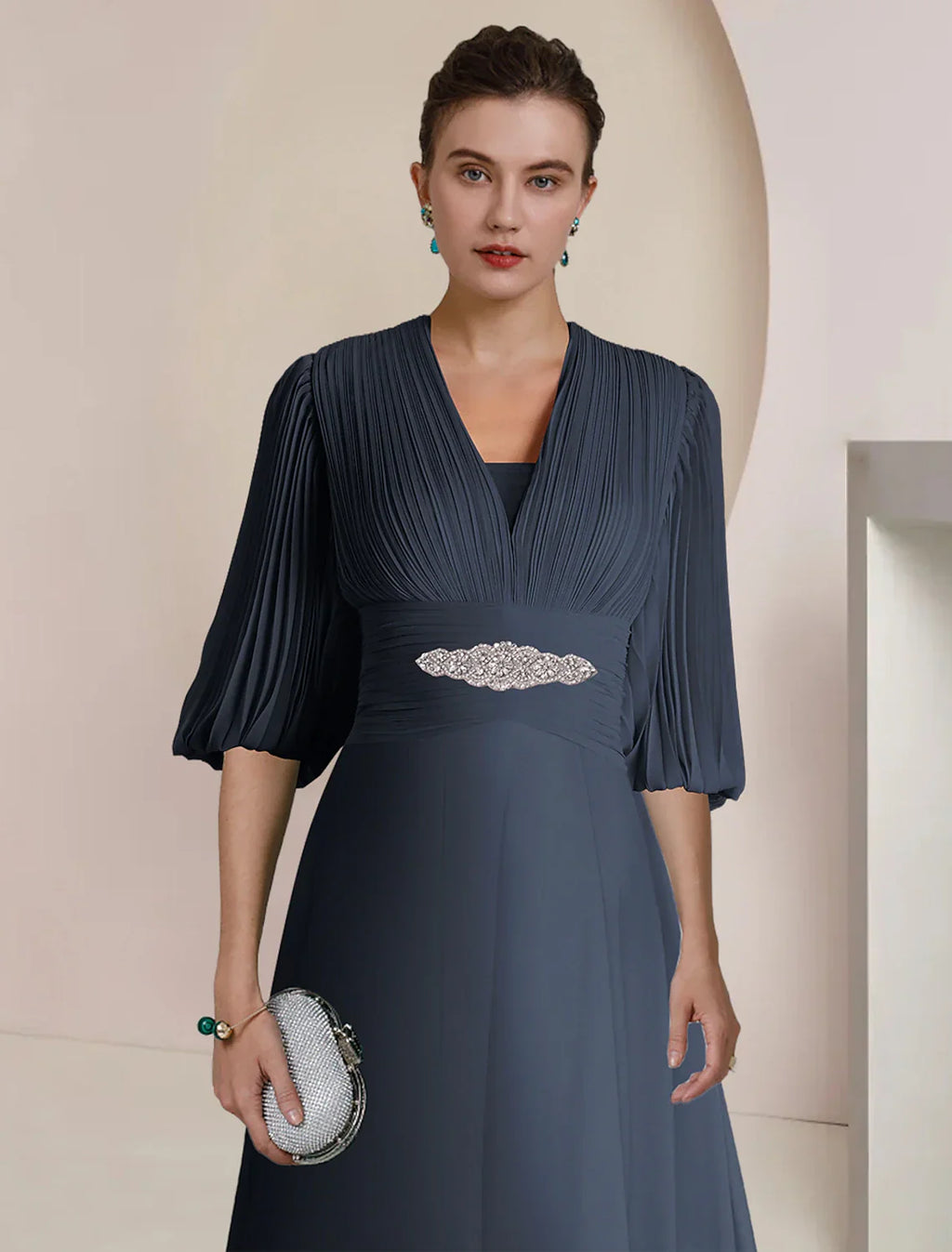 Mother Of The Bride Dress A Line Chiffon Tea Length V Neck Three Quarter Sleeve Pleats Crystals Elegant Vintage