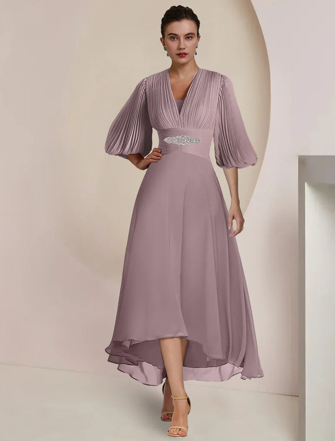 Mother Of The Bride Dress A Line Chiffon Tea Length V Neck Three Quarter Sleeve Pleats Crystals Elegant Vintage